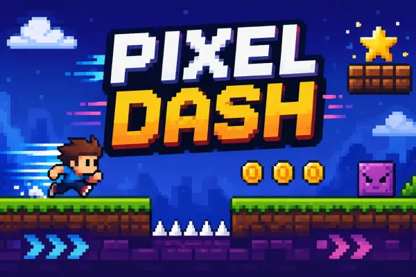 Pixel-style character running toward neon obstacles and collectibles in Pixel Dash