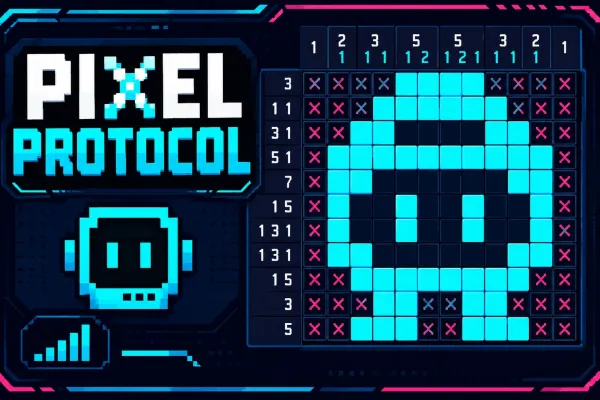 Neon Pixel Protocol Nonogram grid with cyan filled cells, pink X marks, and numerical clues