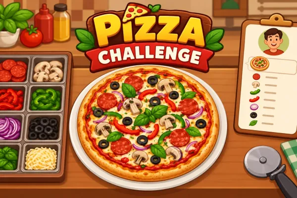 Pizza preparation game showing a topped pizza on a plate with cooking ingredients and order controls