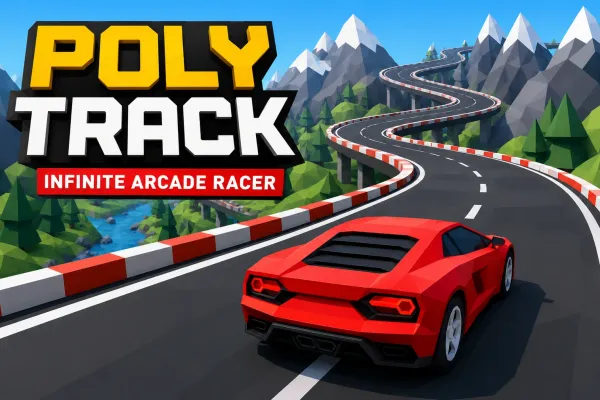 Low-poly racing car driving along a winding elevated road with mountainous scenery