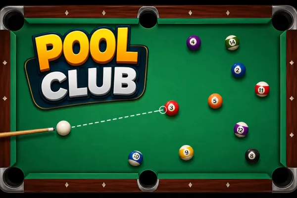Pool Club arcade billiards table with a white cue ball and colorful target balls positioned across the green felt.