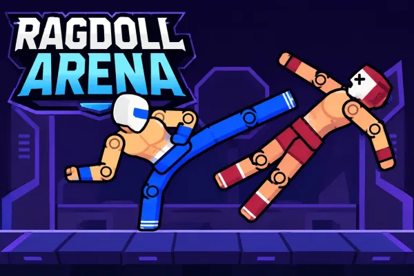 Two stylized ragdoll fighters facing each other in a neon arena during combat