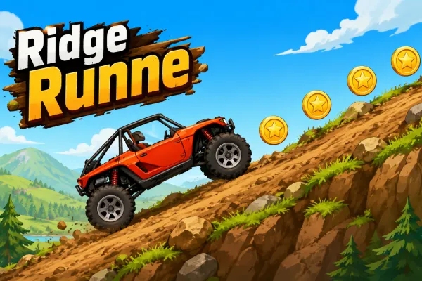 Red-orange off-road buggy climbing a rugged green hill with coins along the route in Ridge Runner