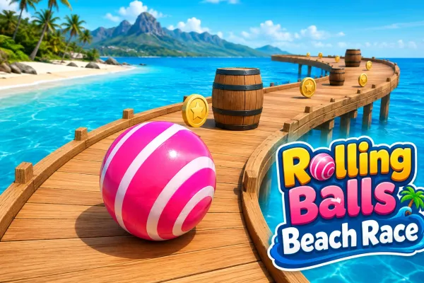Pink rolling ball racing along a wooden plank track above ocean water with beach scenery and obstacles