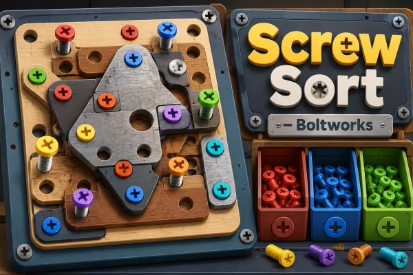 Mechanical color-sorting puzzle board with colorful screws mounted on layered wooden and metal panels beside matching color hoppers.
