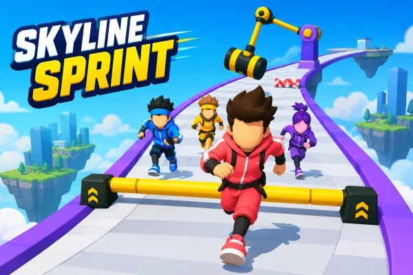 Four colorful runners racing on an elevated obstacle track above the clouds in Skyline Sprint