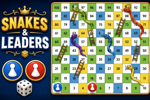 10x10 Snakes & Leaders board with numbered squares, snakes, ladders, and player tokens