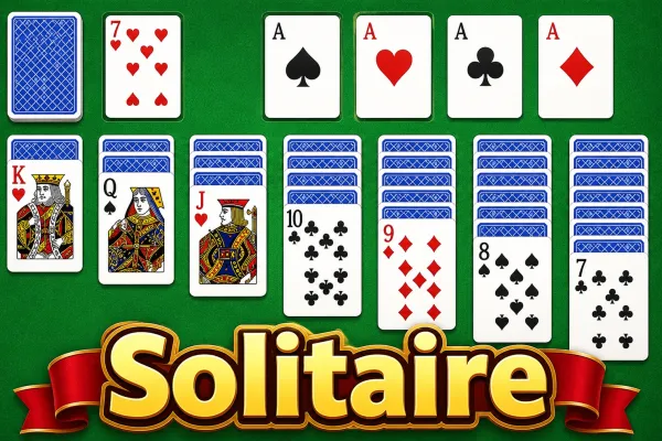 Solitaire card layout with face-up and face-down playing cards on a green felt game board