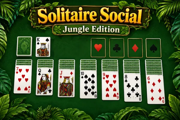 Jungle-themed Klondike solitaire card layout with seven tableau columns and four foundation piles