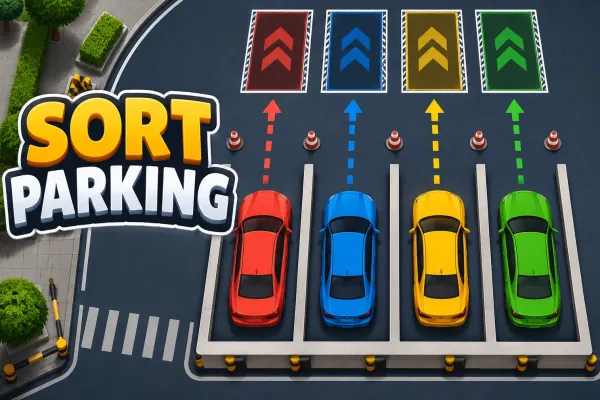 Top-down colorful cars arranged in parking lanes with matching colored bays in Sort Parking