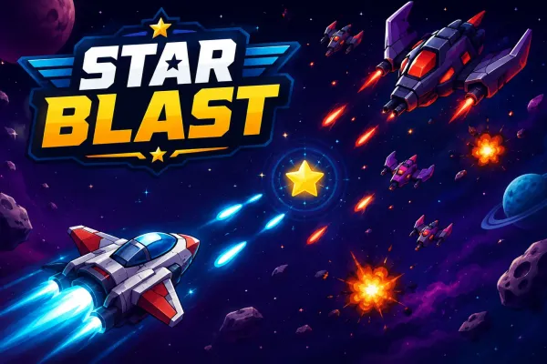 Star Blast logo with spaceships, laser fire, explosions, asteroids, and a glowing yellow star in space