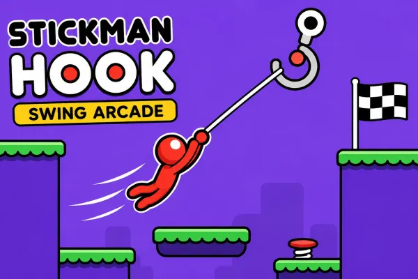 Red stickman swinging from a hook above platforms toward a checkered finish flag in a purple browser game