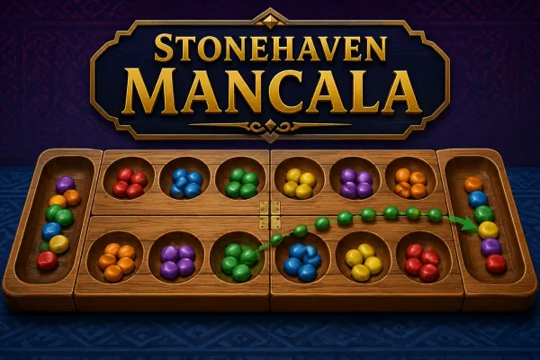 3D wooden Mancala board with colorful stones arranged across the player and rival pits