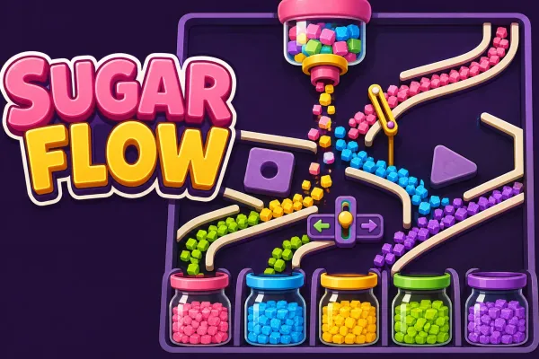 Colorful falling sugar pieces guided by drawn paths toward a matching jar in Sugar Flow