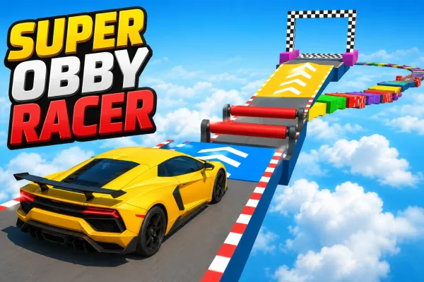 Supercar racing across a floating obstacle course toward a checkered finish gate