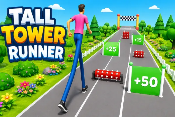 Tall character running along a three-lane garden road between green score gates and red obstacles