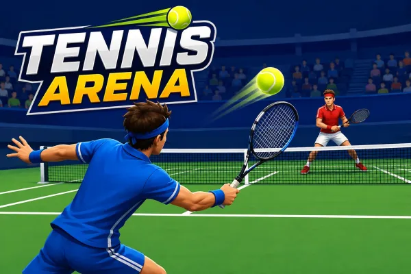 Blue and red tennis players competing across a green court in Tennis Arena