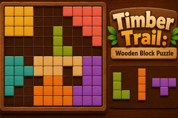 Timber Trail wooden block puzzle with colorful pieces on a 9×9 wooden game board