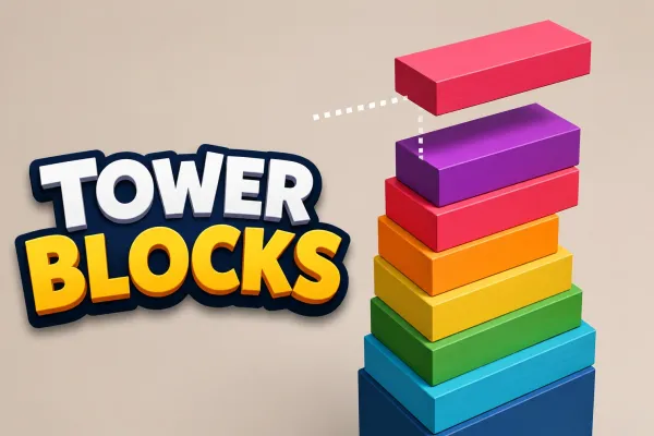 3D tower of colorful rectangular blocks with a moving block positioned above the stack