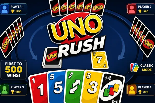 UNO Rush card game with colorful red, blue, green, and yellow playing cards on a dark arcade-style game interface