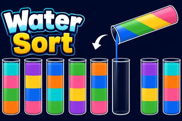 eight transparent tubes contain layered blue, green, yellow, orange, pink, purple, and cyan liquids, with one tube empty.