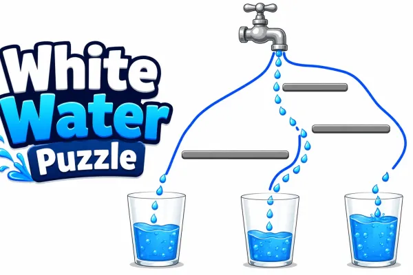Metal faucet releasing blue water toward glasses through drawn guide lines on a white puzzle playfield