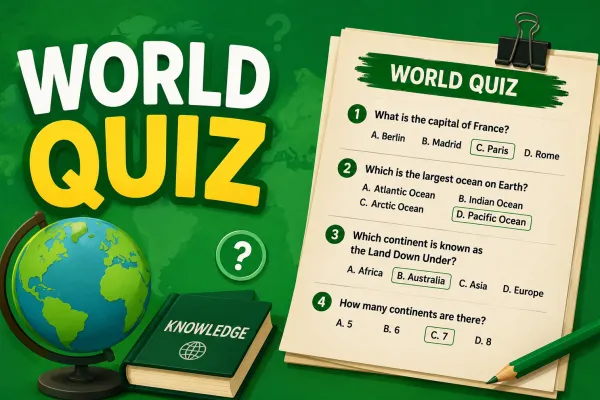 World Quiz geography trivia game showing a globe, knowledge book, and multiple-choice quiz sheet