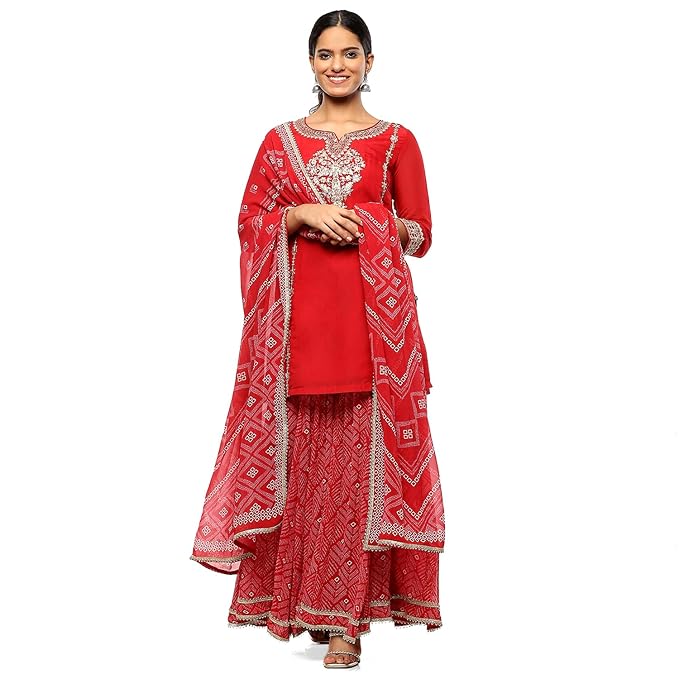 BIBA Women's Straight Salwar Suit Set (Red, Medium)