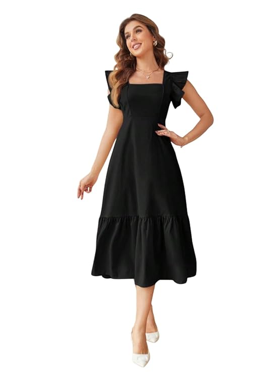 AND Women's A-Line Midi Dress (Black, Large)