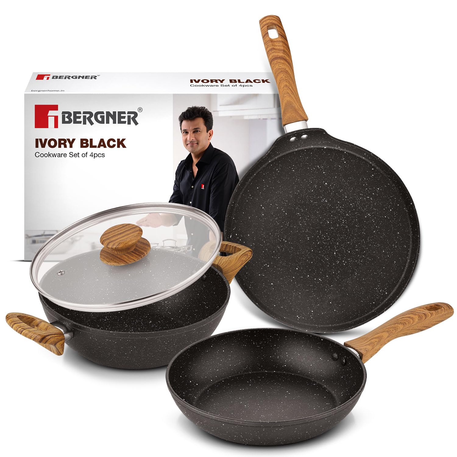 Bergner Non-Stick Aluminium Cookware Set (Induction Compatible, 3 Pieces)