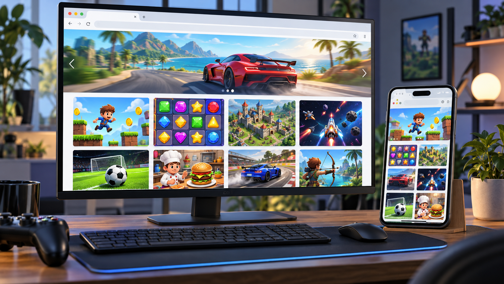 Modern desktop computer and smartphone displaying colorful browser-based games, including racing, puzzle, strategy, sports, and adventure games, in a bright professional gaming setup.
