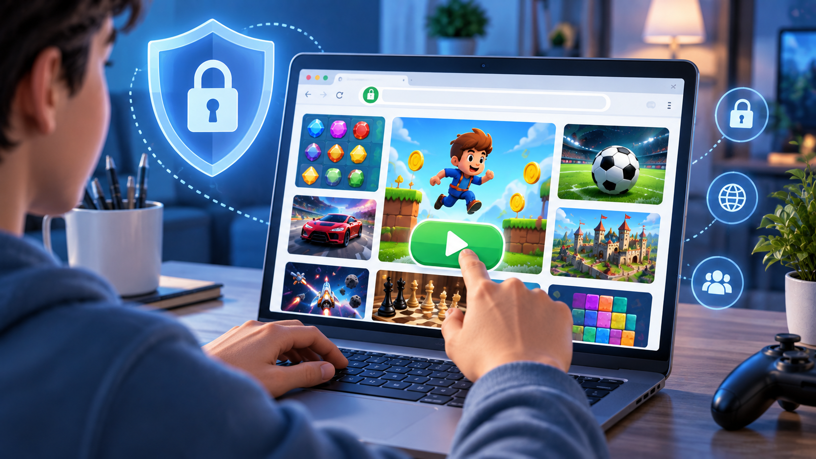 Player clicking a Play button on a browser game while glowing security shields, locks, and safe-browsing symbols surround the laptop screen in a clean blue-toned gaming setup.