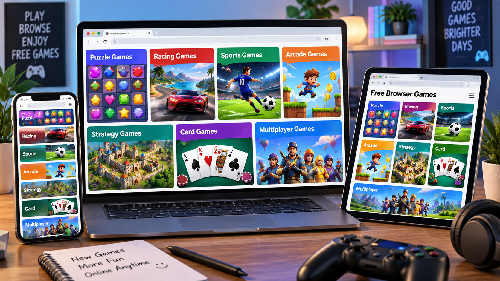 Collage of free browser games across laptop, tablet, and smartphone screens, featuring puzzle, racing, sports, arcade, strategy, card, and multiplayer game categories in colorful modern browser windows.