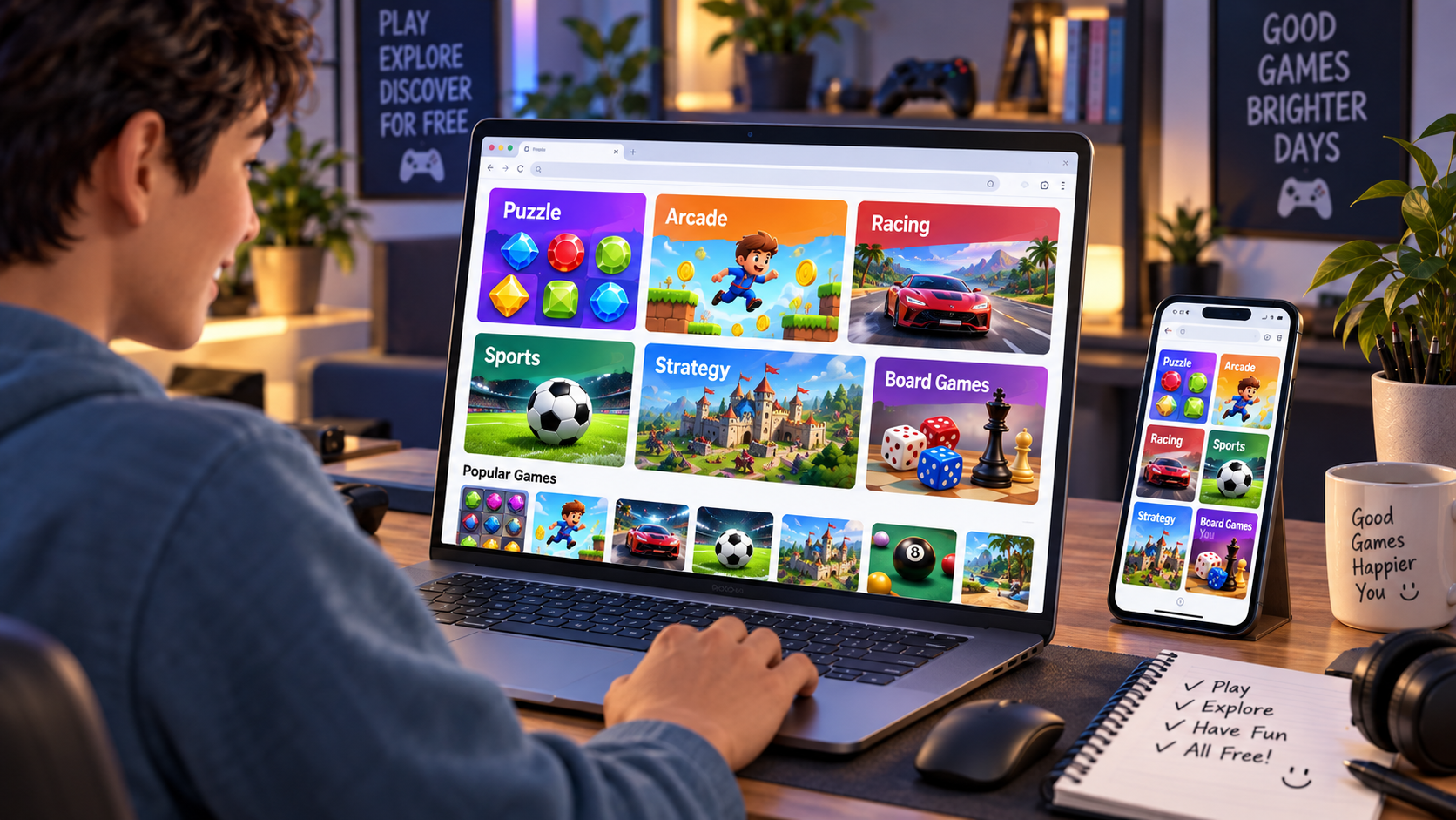 Beginner browsing free online browser games on a laptop, with Puzzle, Arcade, Racing, Sports, Strategy, and Board Games categories displayed alongside a smartphone in a modern gaming workspace.